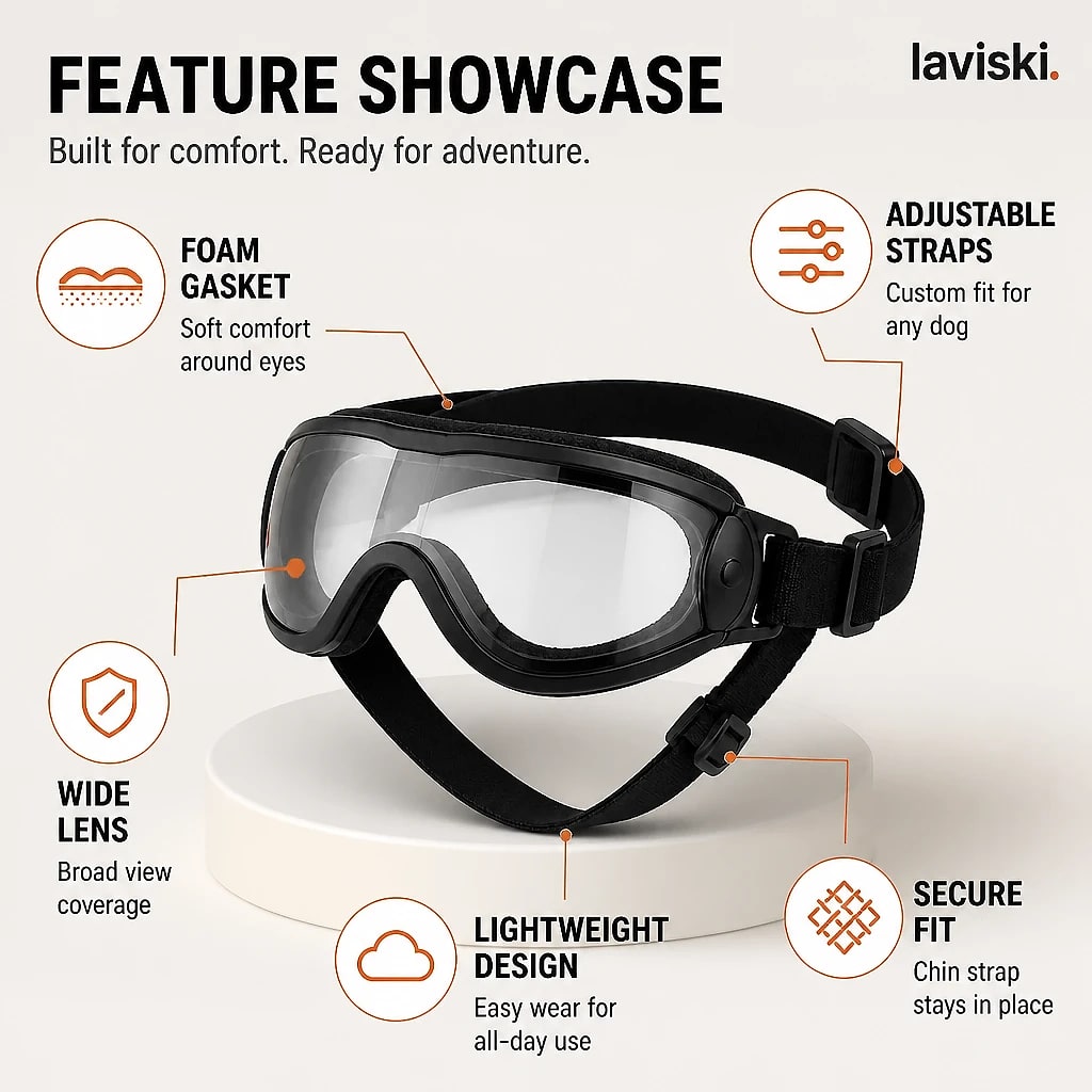 Solaris Adjustable Dog Goggles, close-up of the main features