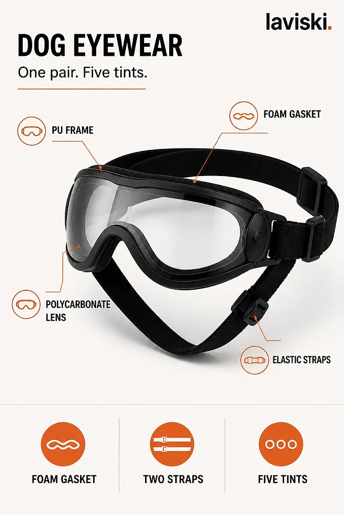 Solaris Adjustable Dog Goggles, materials and construction detail