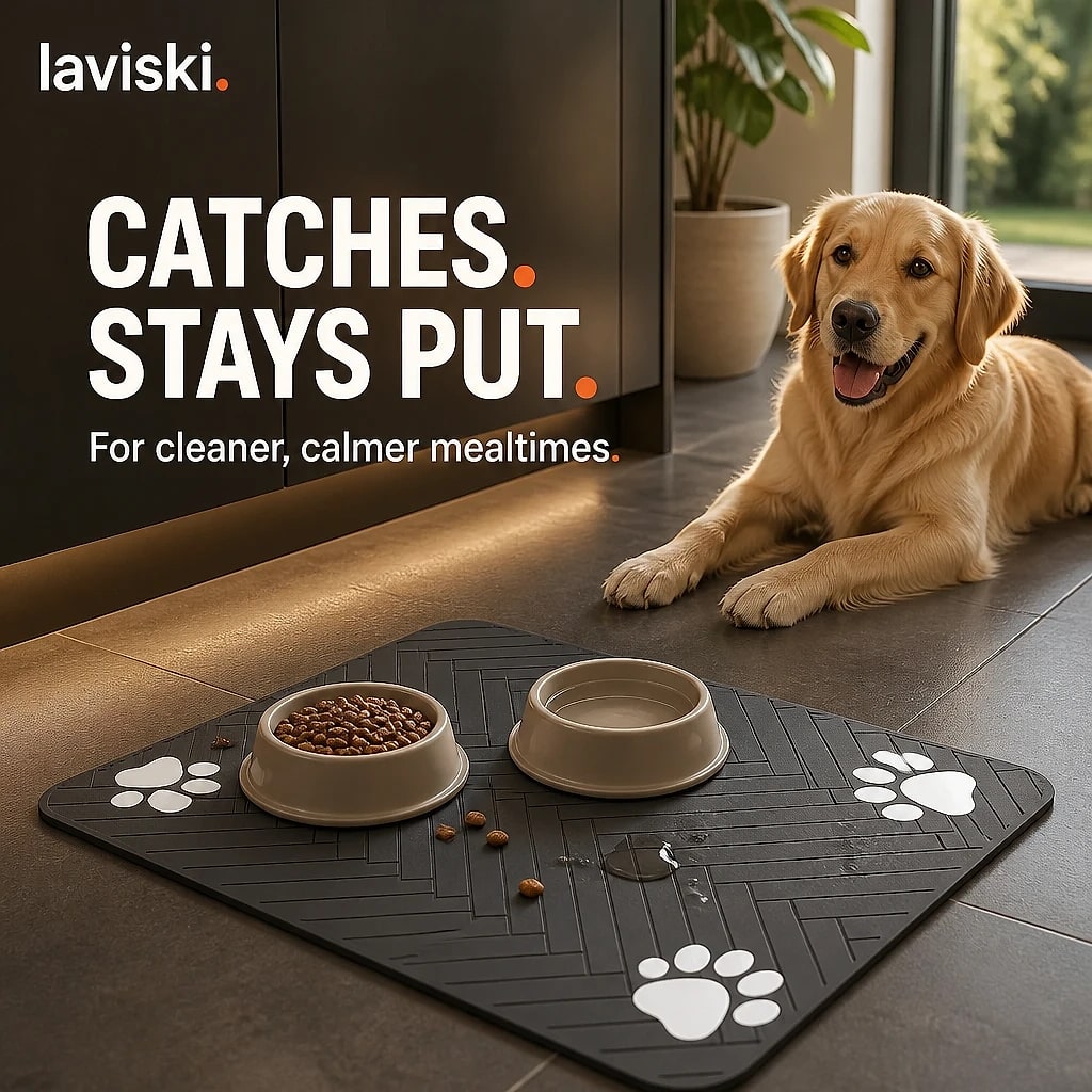 Sorbia Absorbent Pet Feeding Mat, shown in a home setting