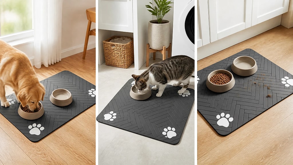 Sorbia Absorbent Pet Feeding Mat, shown in use at home