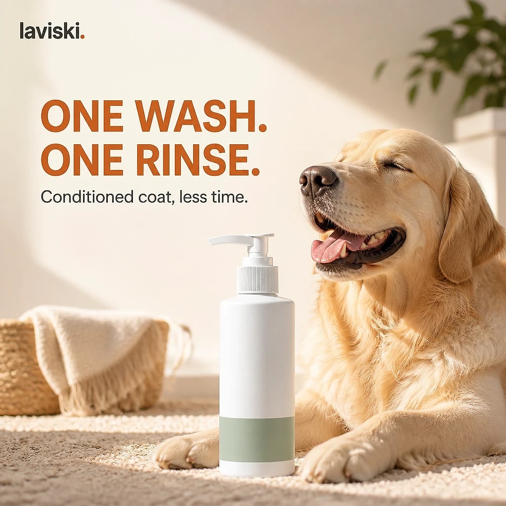 Spuma 2 in 1 Pet Shampoo and Conditioner, in use, pet resting on it