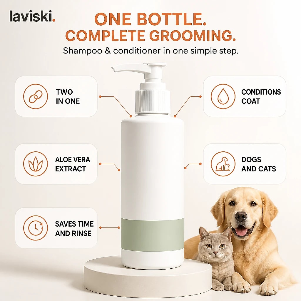 Spuma 2 in 1 Pet Shampoo and Conditioner, close-up of the main features