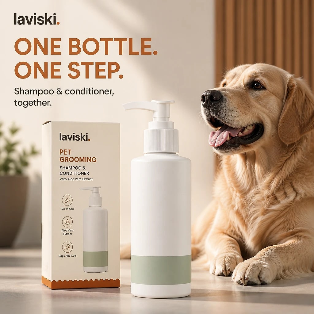 Spuma 2 in 1 Pet Shampoo and Conditioner, shown in a home setting