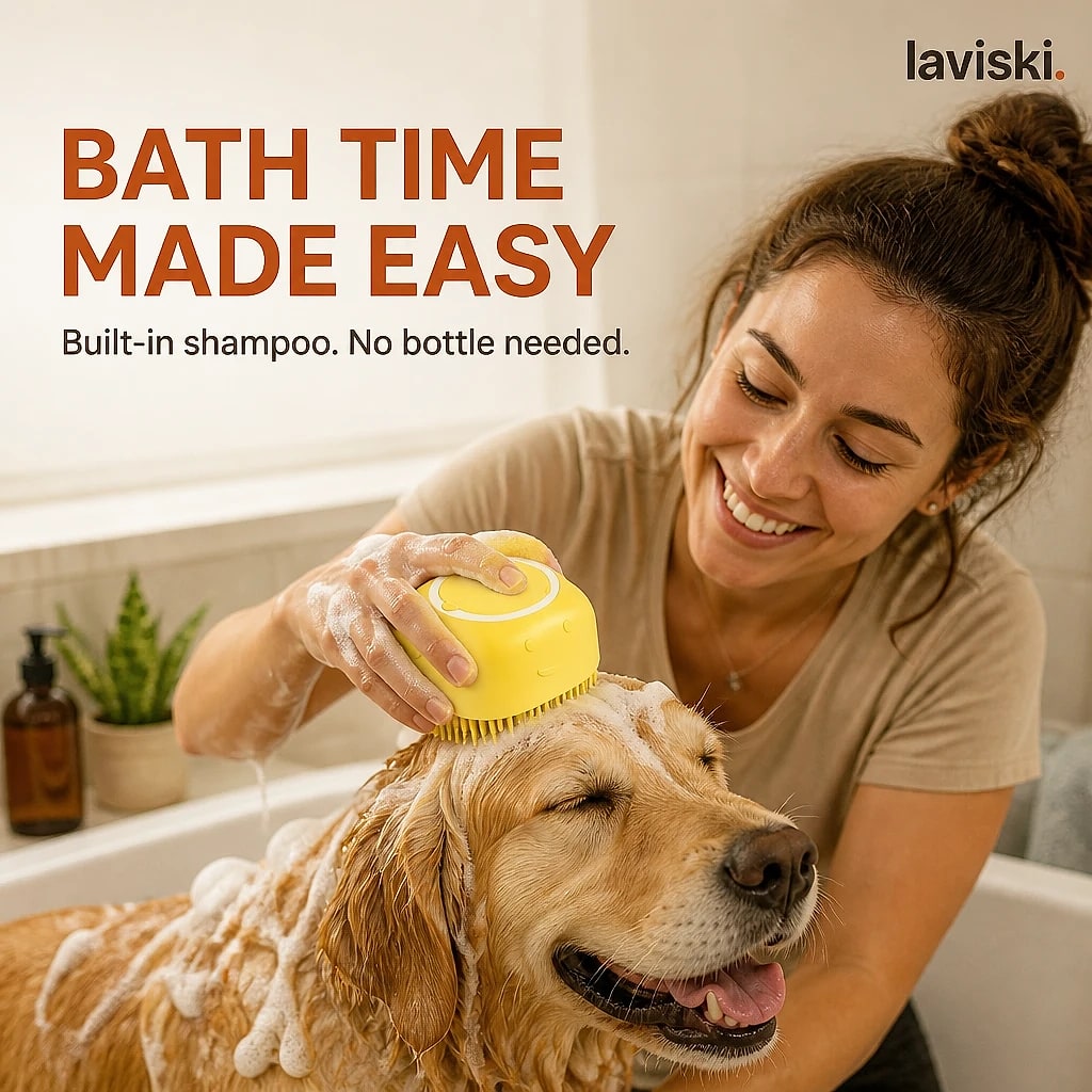 Sudsa Silicone Bath Brush with Shampoo Inside, in use, pet resting on it
