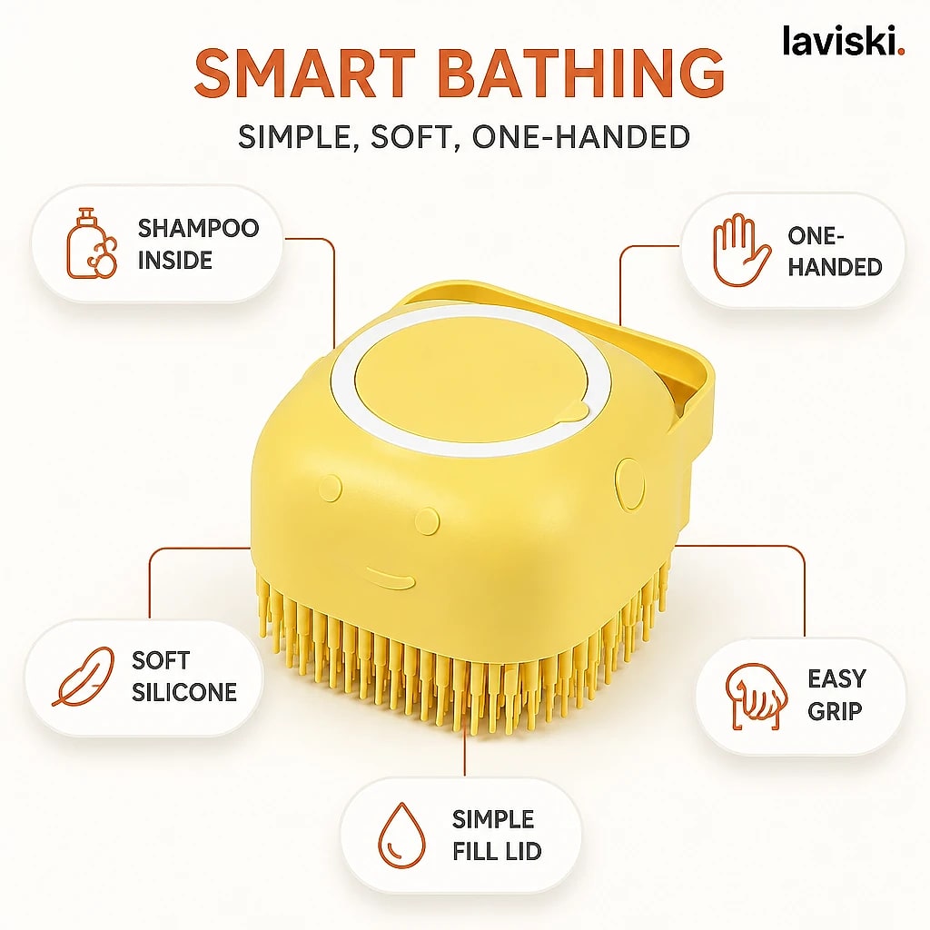 Sudsa Silicone Bath Brush with Shampoo Inside, close-up of the main features