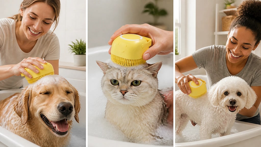 Sudsa Silicone Bath Brush with Shampoo Inside, shown in use at home