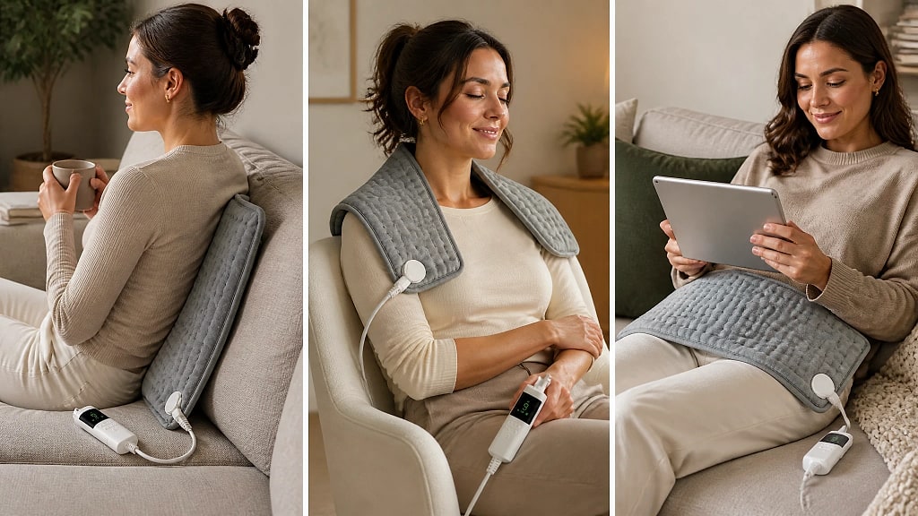 Thermova Heated Back and Neck Pad, shown in use at home