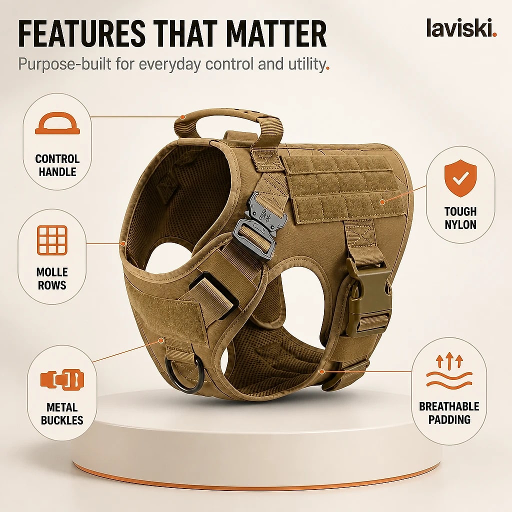 Valtra Tactical MOLLE Dog Harness, close-up of the main features