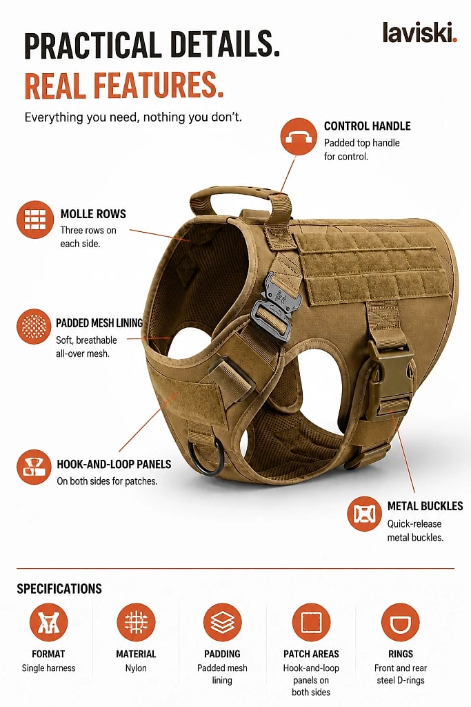 Valtra Tactical MOLLE Dog Harness, materials and construction detail