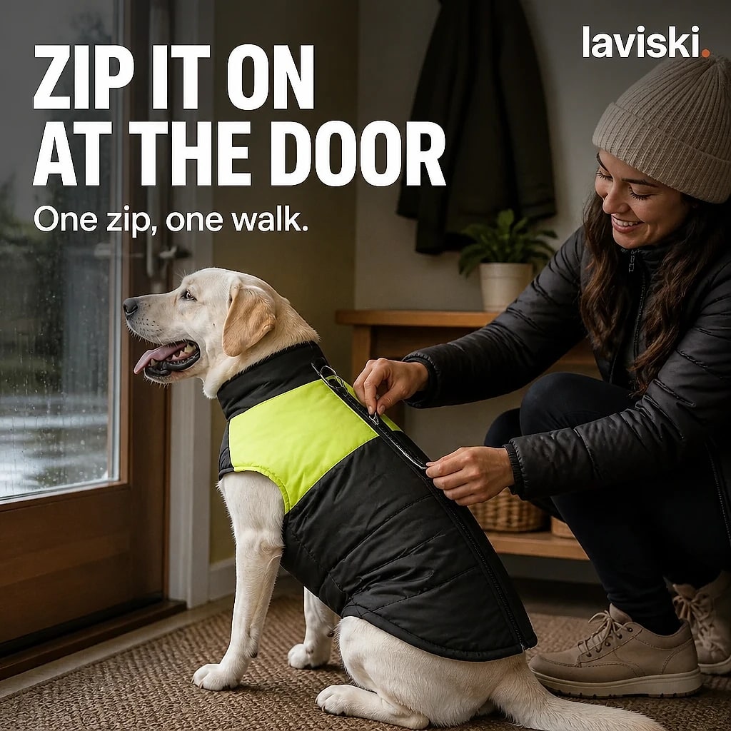 Vantra Waterproof Winter Dog Jacket, shown in a home setting