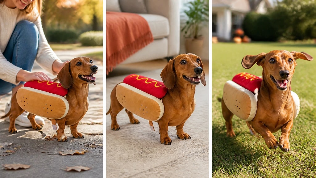 Wienna Hot Dog Pet Costume, shown in use at home