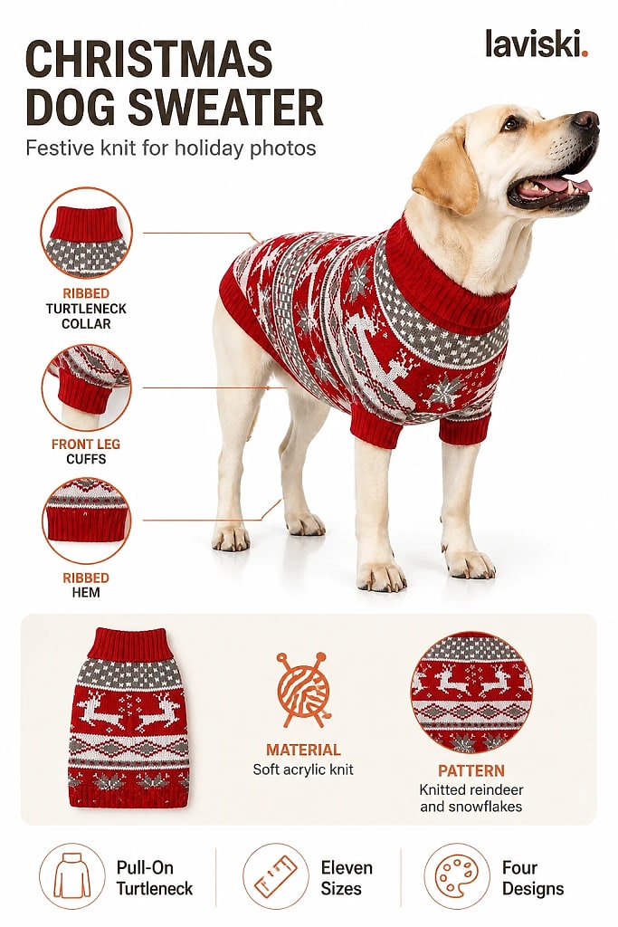 Yulora Reindeer Knit Dog Sweater, materials and construction detail