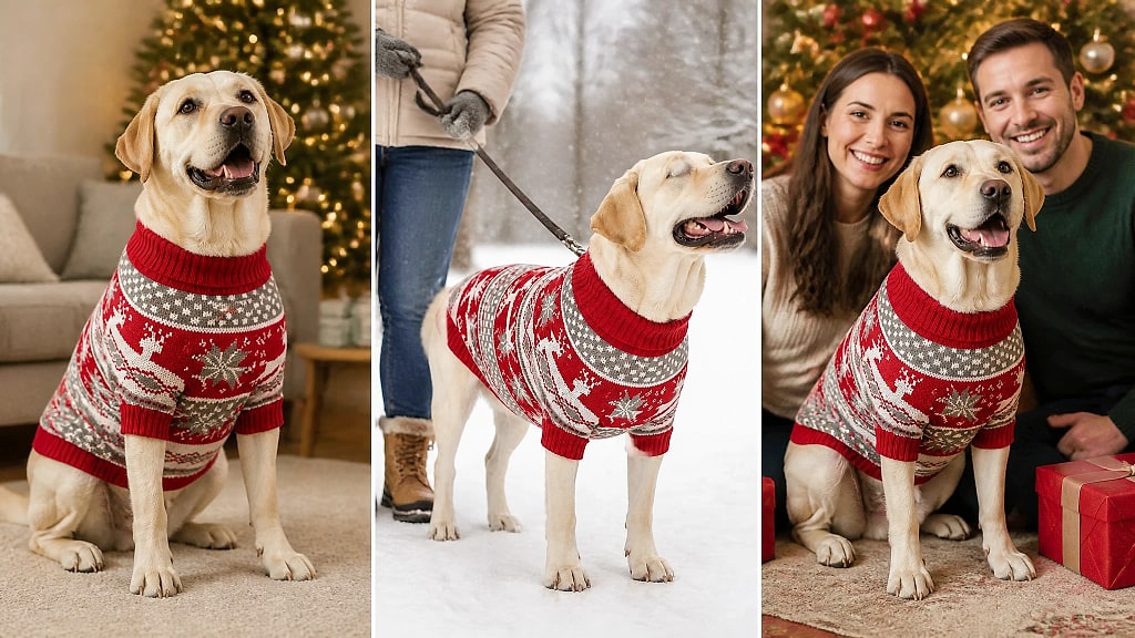 Yulora Reindeer Knit Dog Sweater, shown in use at home